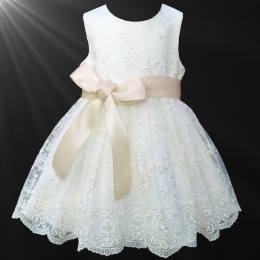 Girls Ivory Floral Lace Dress with Champagne Satin Sash